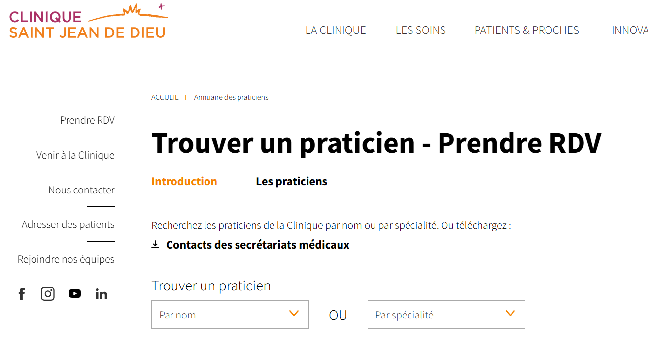 Page “Trouver un praticien – Prendre RDV” de la Clinique Saint Jean de Dieu avec un moteur de recherche par nom ou par spécialité.