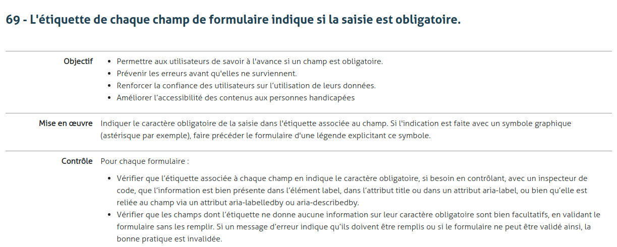 Bonne pratique numéro 69 de la liste qualité web: l'étiquette de chaque champ de formulaire indique si la saisie est obligatoire Capture d’écran de la bonne pratique n°69