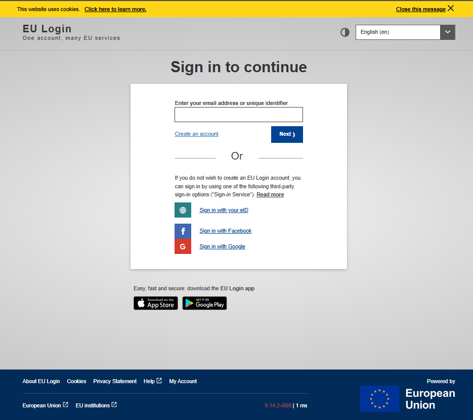 Écran d’authentification utilisé par les institutions européennes pour l’accès sécurisé aux plateformes métiers.