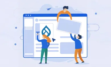 Illustration d’une équipe travaillant sur une architecture Drupal modulaire pour le développement d’applications métiers.