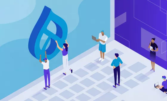 Illustration d’une équipe travaillant sur une architecture Drupal pour le développement d’applications métiers.